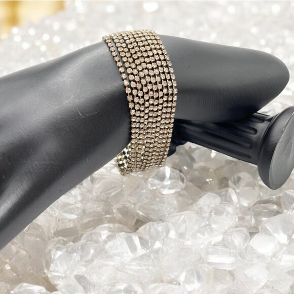 Vintage 10 Row RHINESTONE Chunky Bracelet Bright Shiny Silver Tone Bling Jewelry - Picture 1 of 10